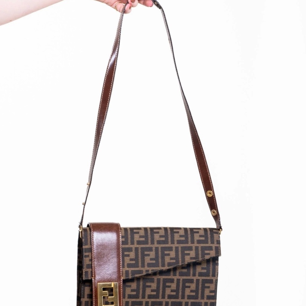 Fendi Brown FF Logo Canvas Messenger Bag with Leather Trim - Picture 2 of 3